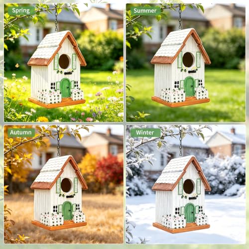Bird Houses for Outside, Patio, Yard, Porch & Garden Decor, 7.3" | Rustic Cottage Resin Decorative Hanging BirdHouse for Bluebird Finches Cardinals Bird Nesting, Gift for Bird Lover Mom Women - color: White