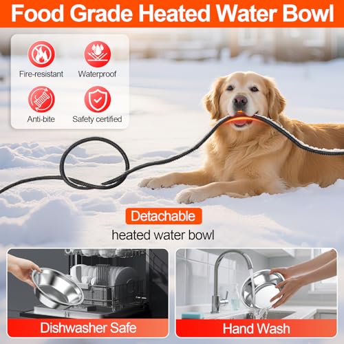 Heated Water Bowl for Dog Cat,Outdoor Heated Pet Bowl Food Bowl with 3 Temperature Settings & 12H Timer,50 oz Removable Stainless Steel Bowl,79" Anti-Chew Cord,for Dogs Cats Chickens Ducks Birds