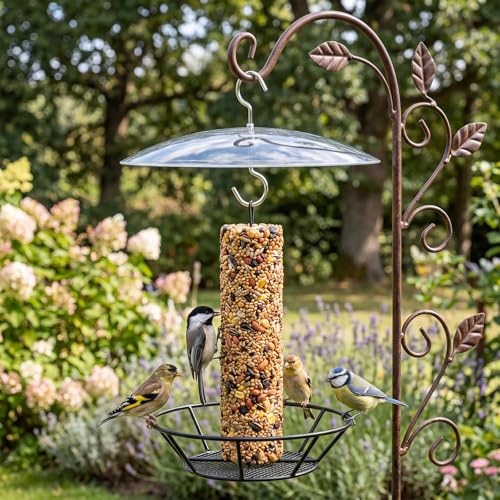1 Pack Cylinder Bird Feeder Outdoor Metal Seed Cake Feeder with Clear Rain Proof Cover Hanging Chew-Proof Backyard Wild Bird Feeding Feeders for Outdoors Garden(Mesh Bottom) - style: Mesh Bottom