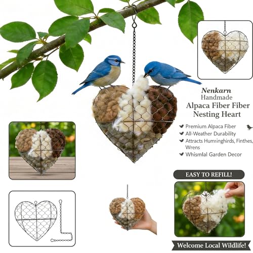 Heart Bird Nesting Material Holder, Natural Alpaca Fiber, 7.1 Inch | Heart-shaped refillable holder with untreated alpaca fiber, open wire frame and hanging chain for outdoor nesting season