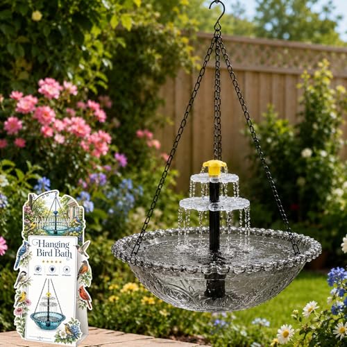 3-Tier Solar Powered Hanging Bird Bath Fountain, Integrated Solar Bird Bath for Outside, Cascading Water for Hummingbirds Wild Birds, Garden Patio Decor (Grey) - color: Gray