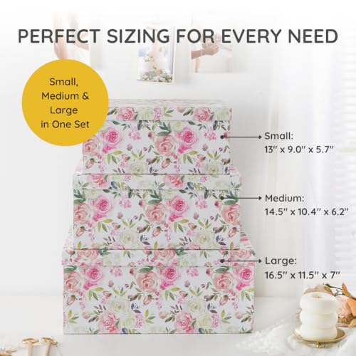 Soul & Lane - Summer Rose Decorative Storage Boxes with Lids, Set of 3 | Large Nesting Cardboard Keepsake Boxes for Photos and Gifts, Pink Vintage Rose Print Containers for Home Decor - color: Summer Rose
