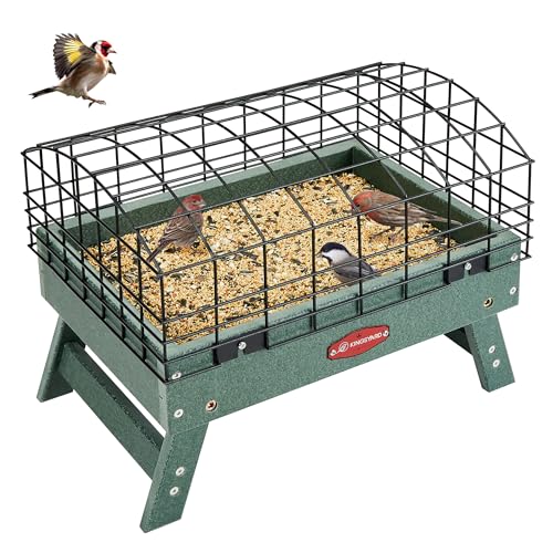 Kingsyard Squirrel Proof Caged Platform Bird Feeder for Small Birds | Recycled Poly Lumber, Protective Metal Cage, Raised Platform, Drainage Mesh Tray, Foldable Legs for Outdoor Bird Feeding - color: Green