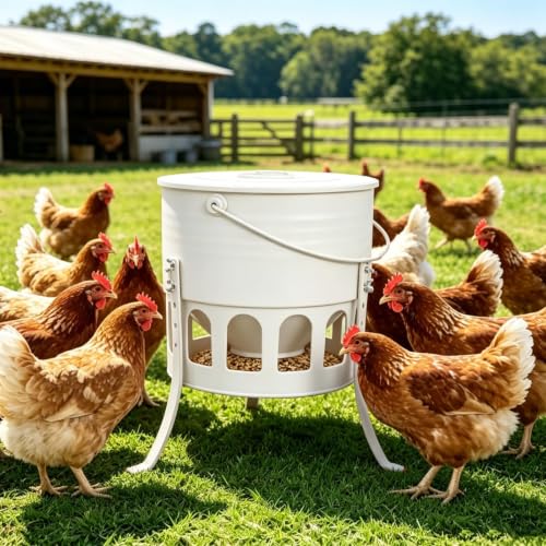 30lbs Metal Chicken Feeder with Legs, 12-Port No Waste Poultry Feeder, Powder Coated Rust-Proof, Ideal for Chickens Ducks Geese Backyard Farm (Jade White) - color: Jade White