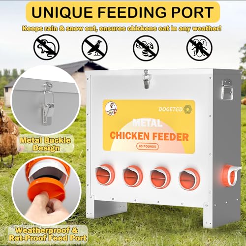 Automatic Chicken Feeder No Waste Metal Poultry Feeder Large Capacity 85lbs for Chickens, Geese, Ducks, Turkeys, Quails (10-Port) - size: 10-Port