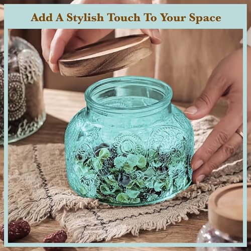 Decorative Blue Embossed Glass Jar with Airtight Wooden Lid, 25.4 fl. oz | Wide mouth vintage storage canister, kitchen pantry bathroom organization, coffee sugar tea cookie candy candle vase gift - size: 25.4 Ounces, style: Blue Flower