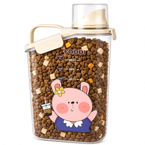 Pet Food Storage Container, 6 lb Airtight Cat Food Bin, Cute Cartoon Design | Wide pour spout, measuring cup cap, silicone seal, snap locks, carry handle, clear body, food-safe storage for 6 lb dry food
