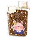 Pet Food Storage Container, 6 lb Airtight Cat Food Bin, Cute Cartoon Design | Wide pour spout, measuring cup cap, silicone seal, snap locks, carry handle, clear body, food-safe storage for 6 lb dry food