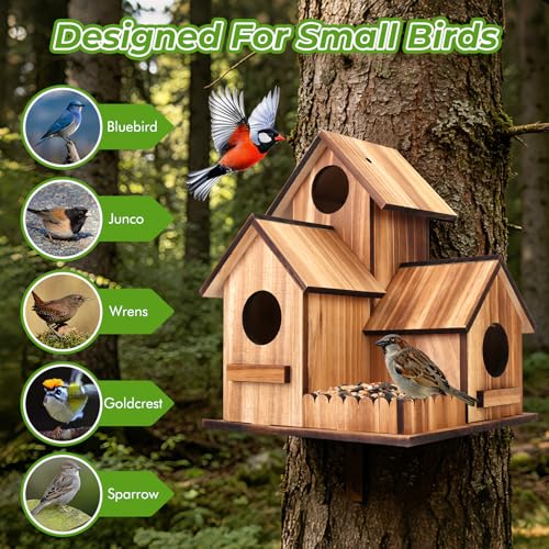Bird Houses for Outside, 3-Hole Large Wooden Birdhouse for Bluebirds Finches Cardinal Hummingbird, Bird House for Outdoors Hanging Bird House Clearance Garden Courtyard Decor
