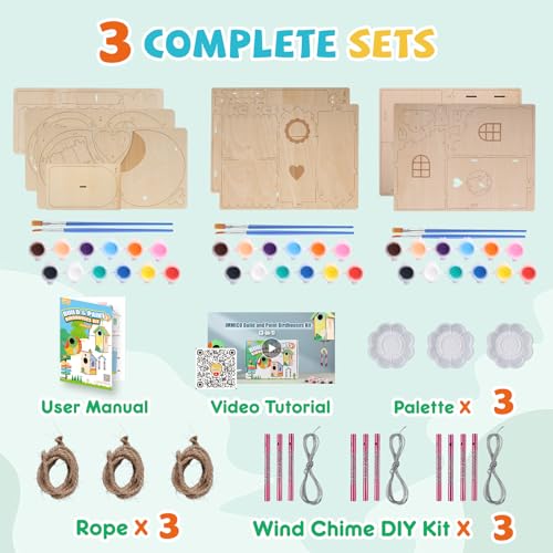 JMMICO 3 Pack Bird Houses Kits for Kids, Wooden Painting Arts and Crafts for Kids Ages 8-12, Build & Paint Your Own Bird Houses and Wind Chime Kits, Toddlers Easter Gifts for Girls Boys - size: 3PCS