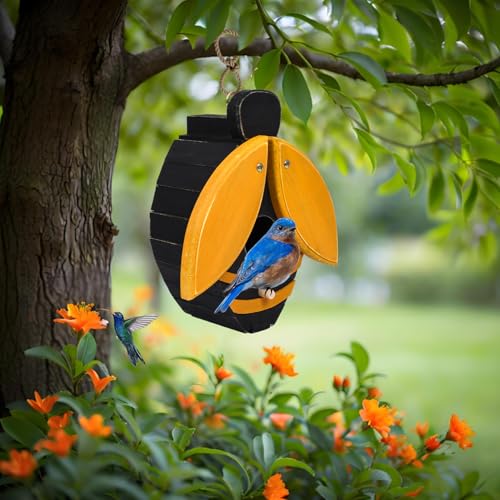 Bee Shaped Wooden Birdhouse - Handmade Bird Houses for Outside - Cute Bee Design for Garden Decoration