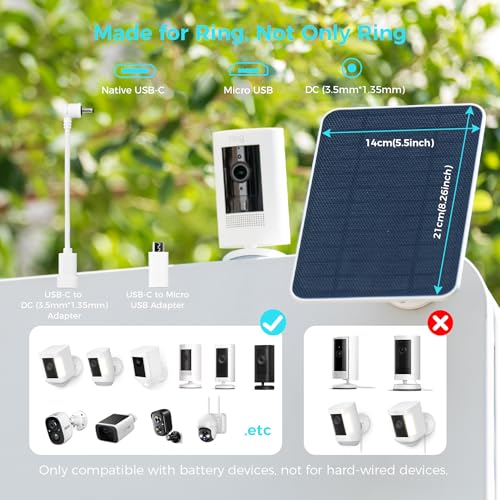 5V Solar Panel for Seucrity Cameres, for Bird Feeder Trail Cam, Ring Tapo Eufy Vicohome Eseecloud, Native USB-C, Micro-USB & DC 3.5mm*1.35mm 9.8 Ft Cable 23% Energy Conversion 180 Days Care Plan - color: 1 Pack Ring USB-C & Micro_USB & DC 3.5mm*1.35mm