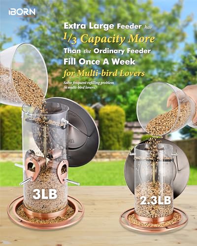 iBorn Metal Bird Feeder for Outside Hanging,Wild Bird Feeders for Cardinal,17.8cm Large Roof&Tray Copper-Plating 10 Port(Seed is not Included) - color: Copper-Plating,2.8LB,10Port