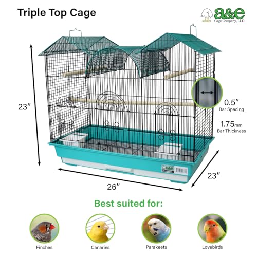 A&E Cage Co Triple Top Bird Cage for Parakeets & Finches, 26"x14"x23" Teal | Decorative Triple Roof, 2 Feeder Stations, 3 Wood Perches, Slide-Out Tray, Carry Handle, Safe Narrow Bar Spacing