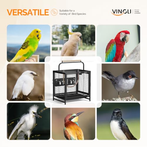 VINGLI Small Bird Cage, 19 inch Travel Carrier Bird Cage with Handle, Wrought Iron Parakeet Cage with Wooden Perch for Parrot Lovebirds Finches Small/Medium Birds (Matte Black) - color: Matte Black