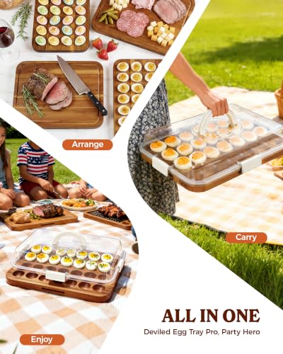Deviled Egg Containers with Lid, Double-Sided Locking Design | Portable Acacia Wooden Base with 28 Slots, Deviled Egg Platter Carrier Holder Trays, for Party and Home Kitchen - color: White