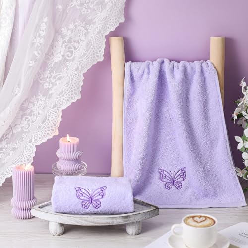 SmoothNovelty 2 Pcs Butterfly Hand Towels Purple Bathroom Decor 14x29 Inch | Embroidered Bathroom Hand Towels, 100% Cotton, Soft Absorbent, Purple Butterfly Bathroom Kitchen Decor - style: Butterfly