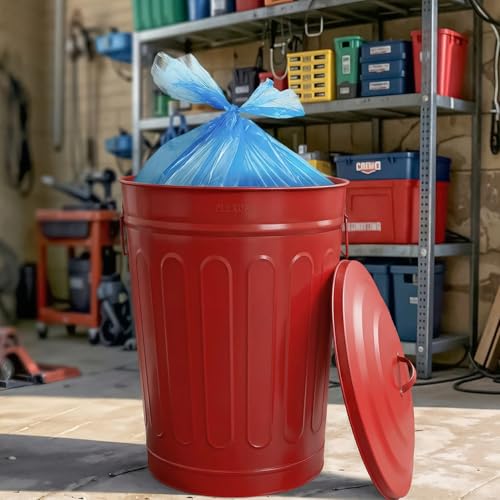 Plexon Metal Trash Can with Lid 13 Gallon, Decorative Outdoor Trash Can Heavy Duty Galvanized Metal Bucket with Lid for Garage Workshop Storage Farmhouse, Red - color: Red