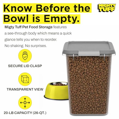 Mighty Tuff 20 lb Pet Food Storage Container with Airtight Lid, Clear | Secure lid clasp helps keep dog and cat food fresh while the clear container simplifies pantry organization.