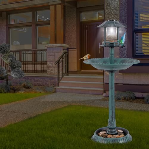 BECOMFORT Solar Bird Bath, Vintage Pedestal Birdbath with Solar Powered Lamp, Bird Feeder, Flower Planter Base & 3 Ground Stakes, Plastic Bird Bath for Outside, Garden, Yard & Outdoor (Green) - color: Green