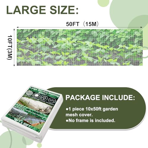 Rohuis Garden Netting Pest Barrier, 10x50 FT Ultra Fine Mesh Insect Netting | Plant Row Cover for Raised Beds, Vegetables, Blueberry Bushes and Fruit Trees,Use for Greenhouse,Seedlings,Porch and Balcony