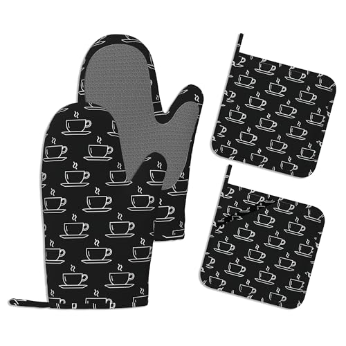 Tea Cups Oven Mitts and Pot Holders Sets,Extra Long Black Kitchen Mittens for Cooking,Thick Cotton Heat Resistant Silicone Cooking Utensils Set for Baking Cooking Grilling - color: Tea Cups