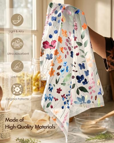 150GSM Flour Sack Kitchen Towels Set of 2, Watercolor Flower | 18"x26", Lightweight, Lint-Free, Pure Cotton, Decorative, with Hanging Loop, Absorbent, Softer after Wash, Giftable Package - color: Wild Flower