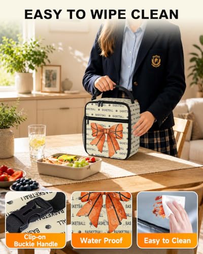 Lunch Box Girls Boys Insulated Lunch Bag for Kids Teen, Basketball Bow | Reusable Lunchbox, Cooler Tote Bag, Water Bottle Holder, Front Pockets, Portable Buckle Handle for School Work Picnic Travel - color: Basketball Bow