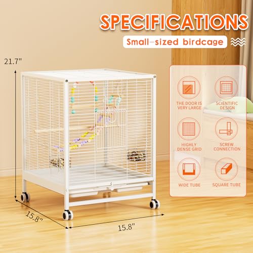 Bird Cage Large Flight Cage for Parakeet with Wheels Stand | Spacious bird cage with full view design, flight space layout and accessories for parakeet small bird daily living - size: 15.7"L x 15.7"W x 21.7"H