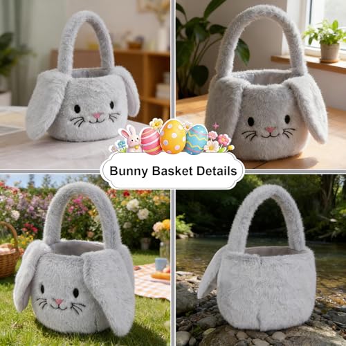 PRATIQUE Foldable Plush Easter Basket with Bunny Ears for Kids, Easter Egg Hunt Bucket with Handle, Cute Storage Bin for Candy, Toys & Gifts(Gery) - color: Gery