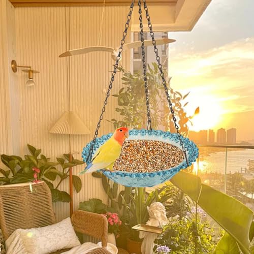 Bird Bath Hanging Seed Feeder Garden Plate Hanging Tray for Wild Backyard Attracting Birds (Blue-Single Bath)
