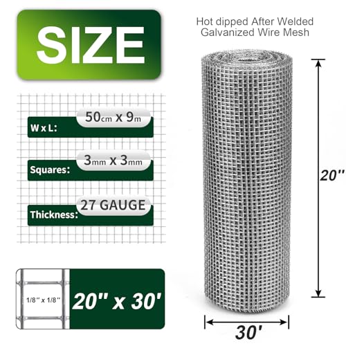 1/8 Inch Hardware Cloth 20'' x 30' 27 Gauge Hot Dip Galvanized Welded Wire Mesh for Chicken House/Coop Fencing, Animal Cage Netting, Bee Swarm Protection Netting and Poultry Enclosures - size: 20in x 30ft