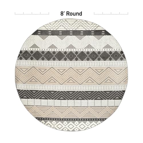 Rugshop Marbella Indoor/Outdoor Boho Patio Deck Backyard Round Rug Gray 8' | Round, Size 8', Porch, Balcony, Garden, Poolside, Sunroom, Outdoor Living, Weatherproof, All Weather - color: Grey, size: 8' (Round)