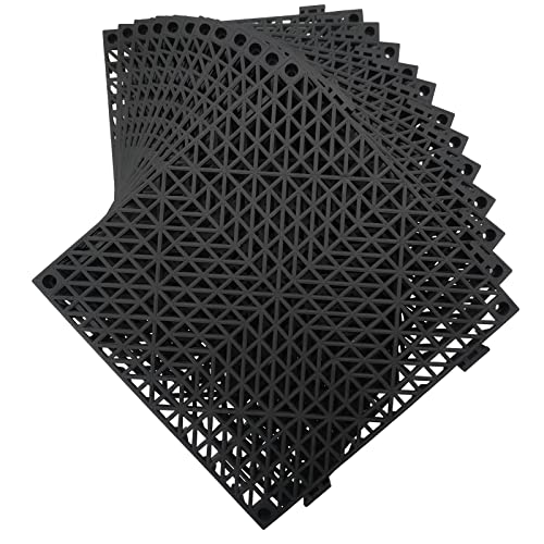 12 Pack Modular Interlocking Cushion 11.6" x 11.6" Rubber Mat Floor Tile Mats Drain Pool Patio Balcony Yard Pet Area Washer Pad(Black) - size: black