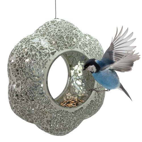 Sunnydaze Mosaic Glass Bird Feeder, Fly-Through, Mirrored Diamond Flower | 10" Small Unique Hanging Bird Feeder for Outdoors, Drainage Hole, Weather-Resistant, Birdfeeder for Cardinals, Jays, Finches - color: Mirrored Diamond Flower