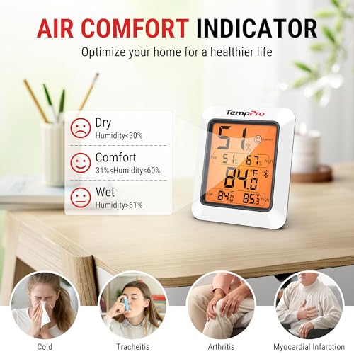 TempPro TempAir Bluetooth Hygrometer Thermometer for Greenhouse Up to 260ft | Room Indoor Thermometer Humidity Monitor, Humidity Meter Temperature Sensor with 2-Year Data Export&Large Backlit Display - size: Bluetooth