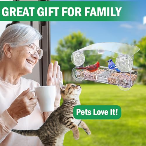 Window Bird Feeder with 4 Strong Suction Cups | 2.36" heavy duty suction cups, close-up outdoor viewing, bird watching gift for cat & bird lovers, fits cardinals, finches - color: Clear