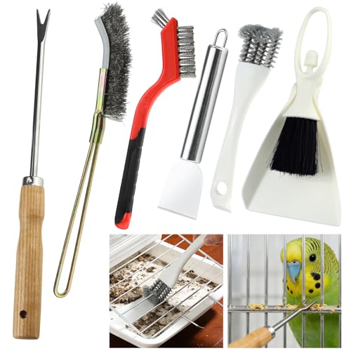 6PCS Bird Cage Cleaning Brush Kit Stainless Bird Cage Cleaner Tools Set Accessories for Small Medium,Large,Tall,Stainless Steel,Parakeet,Budgie,African Grey Parrot,Cockatoo Birds Cages Accessories