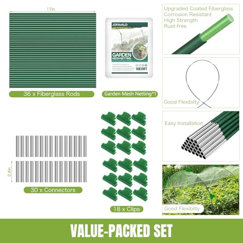 36 Pack Garden Hoops with 10x20 Ft Netting for Raised Beds, 18 Clips | Garden Mesh Netting Kit, 10x20 Ft Net, Bird & Cicada Netting for Trees, Greenhouse & Vegetable Protection, Frost guard - color: Green