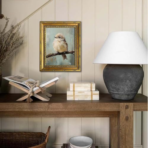 DR.RiftArt Vintage Wall Art Gold Framed Bird Decor Rustic Farmhouse Style | Cute Fluffy Bird on Branch Oil Painting, Canvas Print Artwork , For Living Room Bedroom Office 9x11 inch - color: Cute Bird, size: 11"L x 9"W