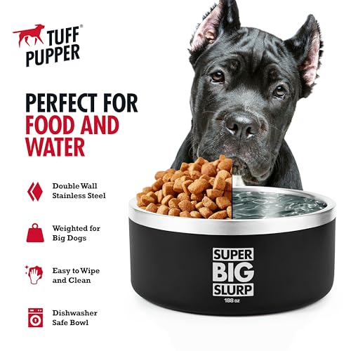 Tuff Pupper Heavy Duty Insulated Dog Bowl | Double Wall Stainless Steel Dog Food Dish | Non-Slip Spill Proof Dishwasher Safe Cat Bowl | Water Dish for Feeding Large Medium Small Pets (188oz, Black) - color: Epic Black, size: 188oz
