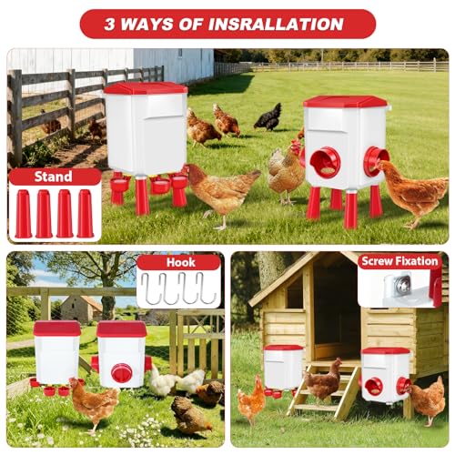 Auto No Waste Chicken Feeder and Waterer Set 3 Gallon/26.4 Pounds | Sturdy & Durable Chick Feeder and Waterer Set, Poultry Feeder Large for Hens/Ducks/Poultry - color: Red