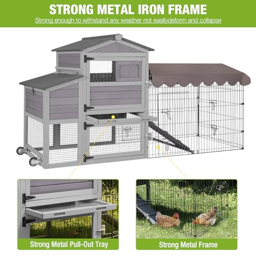 Mobile Chicken Coop Large 79" Chicken House On Wheels All-Steel Frame Hen House Poultry Cage with Metal Run,Waterproof Rain Cover - color: Grey