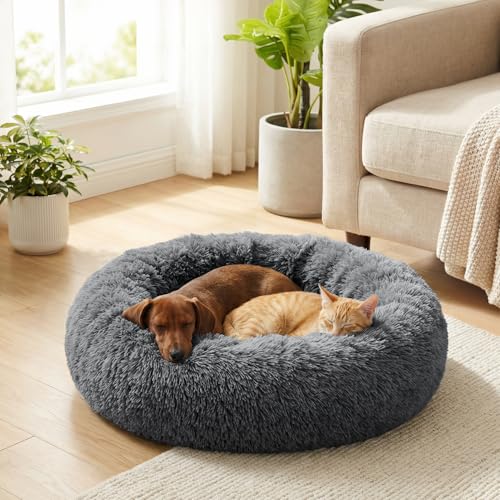 PetAmi Calming Donut Dog Bed, Washable Faux Fur, 30 Inch Medium, Grey | Warm Shaggy Faux Fur and A Deep Nest Help Anxious Pets Curl Up and Sleep Soundly. Perfect for Puppies, Cats, and Rescues. - color: Gray, size: Medium - 30"