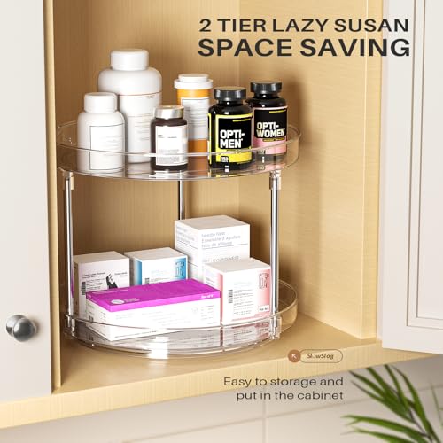 2 Pack 2 Tier Lazy Susan Turntable Organizer, Clear Rotating Lazy Susan | 360 Degree Rotating Spice Rack for Cabinet, Makeup and Perfume Organizer for Vanity, Counter Organizer Tray for Bathroom - size: 2 Pack - 2 Tier