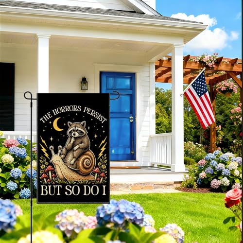 RZHV The Horrors Persist But So Do I Double-Sided Garden Flag for Outdoor House Yard Sign Garden Decor Parade, Fall Raccoon Snail Mushroom Front Yard Flag, Funny Social Justice Protest Outdoor Banner - color: Horrors J