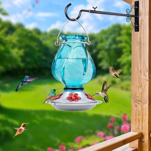 Glass Hummingbird Feeders for Outdoors Hanging, Ant Moat, Blue, 22oz | 5 Feeding Ports, Leak Proof, Easy Refill & Clean, Weatherproof, Attractive Garden Decor, Brithday Gifts for Women Men Mom Dad - color: Ruby Blue