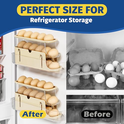 Adjustable Egg Holder for Fridge, Space Saving Egg Organizer Container, Automatic Rolling Egg Dispenser for Refrigerator, Clear Tray for Kitchen Countertop, Home, RV and Dorm Room