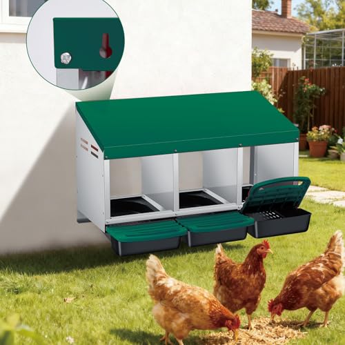 Garvee 3-Hole Rollaway Chicken Nesting Box for Hens –Chicken Nest Box with Removable Trays, Easy Egg Collection & Cleaning, Wall Mount or Freestanding, Sturdy Chicken Laying Boxes, Green - color: Green-3 Hole