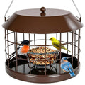 Gbekery Caged Bluebird Feeder for Mealworms with Glass Bowl, Squirrel Proof Bird Feeder for Small Birds Only, Detachable Hook, Large Space, Outdoors Weatherproof, Metal, Brown - style: Brown Glass Bowl
